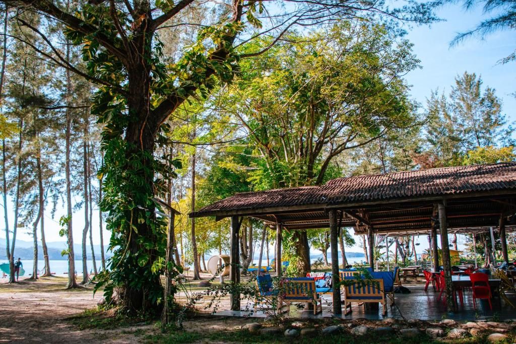 A covered outdoor seating area with tables and chairs, surrounded by trees and a view of the sea.