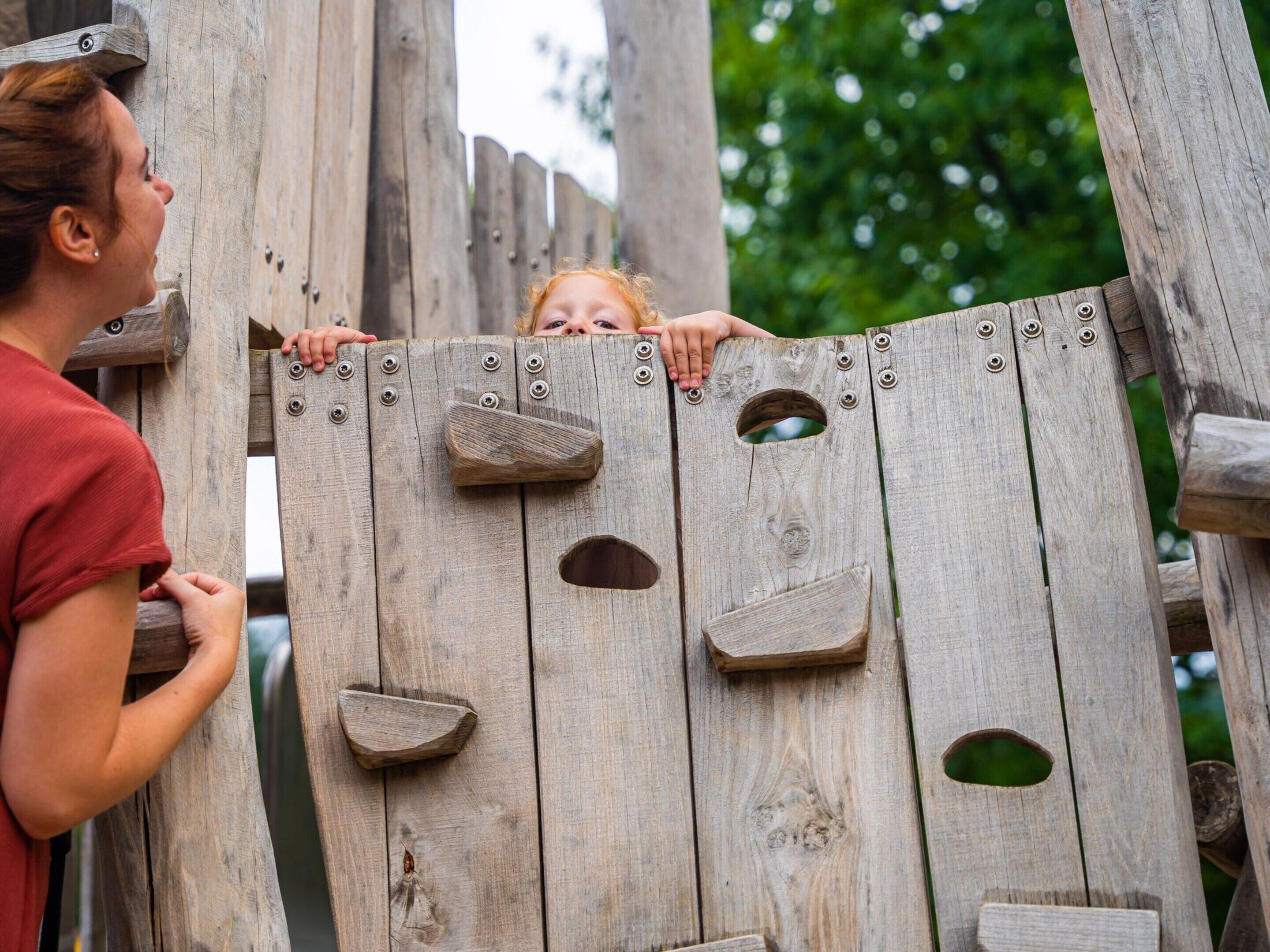 A wooden climbing structure with multiple handholds and a hole for climbing through.