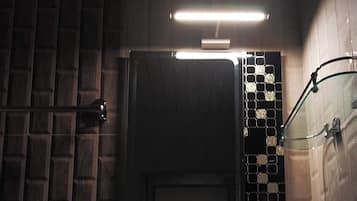 Shower, towels, soap, toilet paper