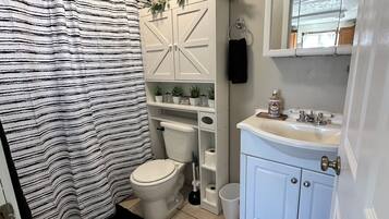 Hair dryer, towels, soap, shampoo