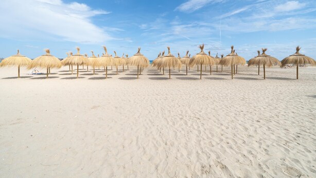 Een strand met rieten parasols en een heldere lucht.