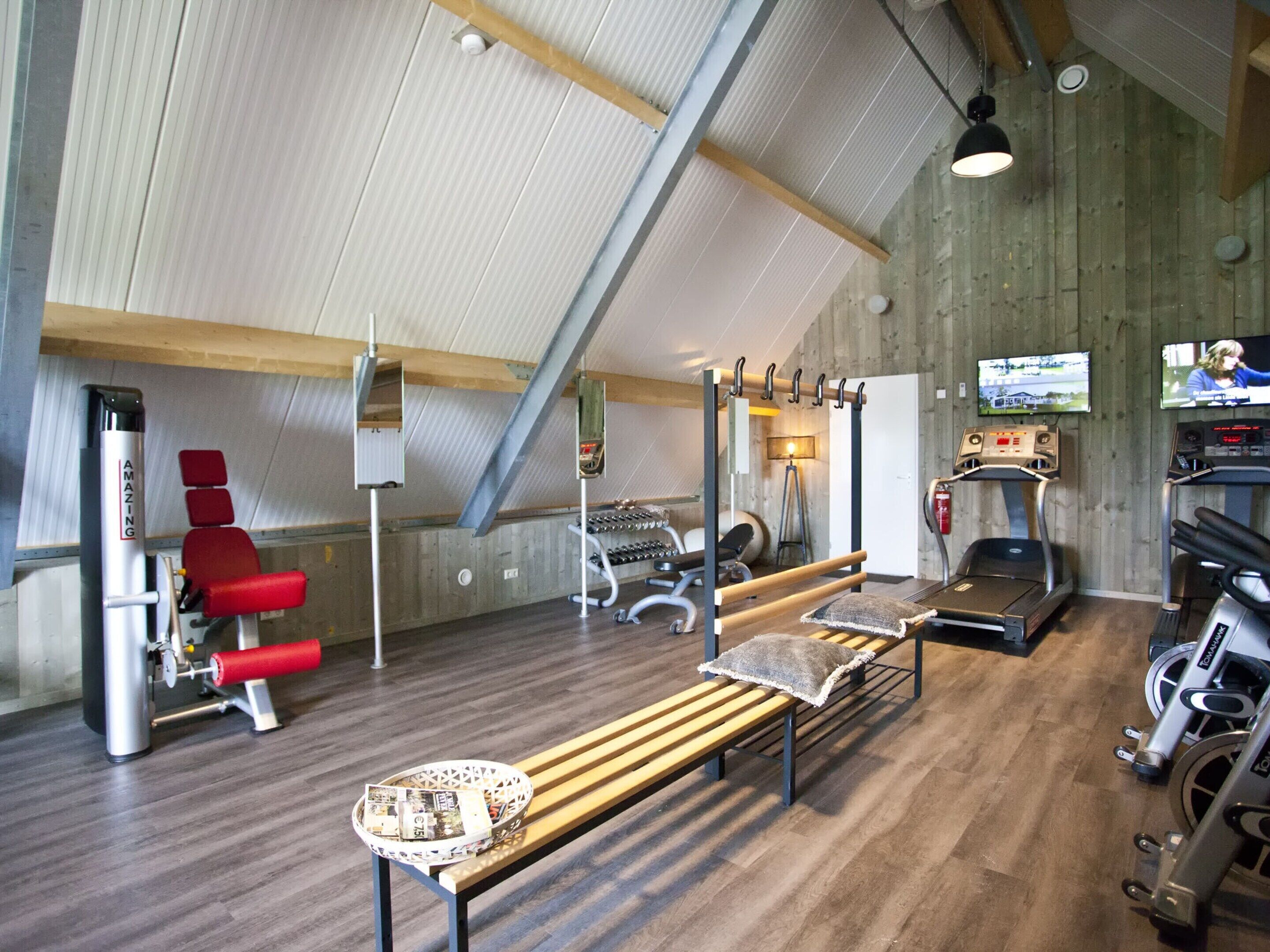 Een fitnessruimte met trainingsapparatuur, een bank en een loopband.
