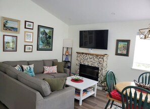 Smart TV, fireplace, books