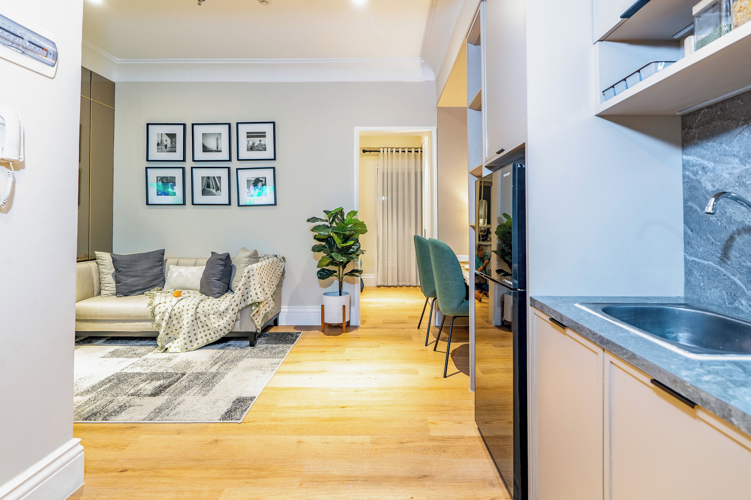 Una sala de estar moderna con un sofá, una mesa de centro y una planta en maceta. Cuenta con una zona de cocina con un fregadero y armarios.