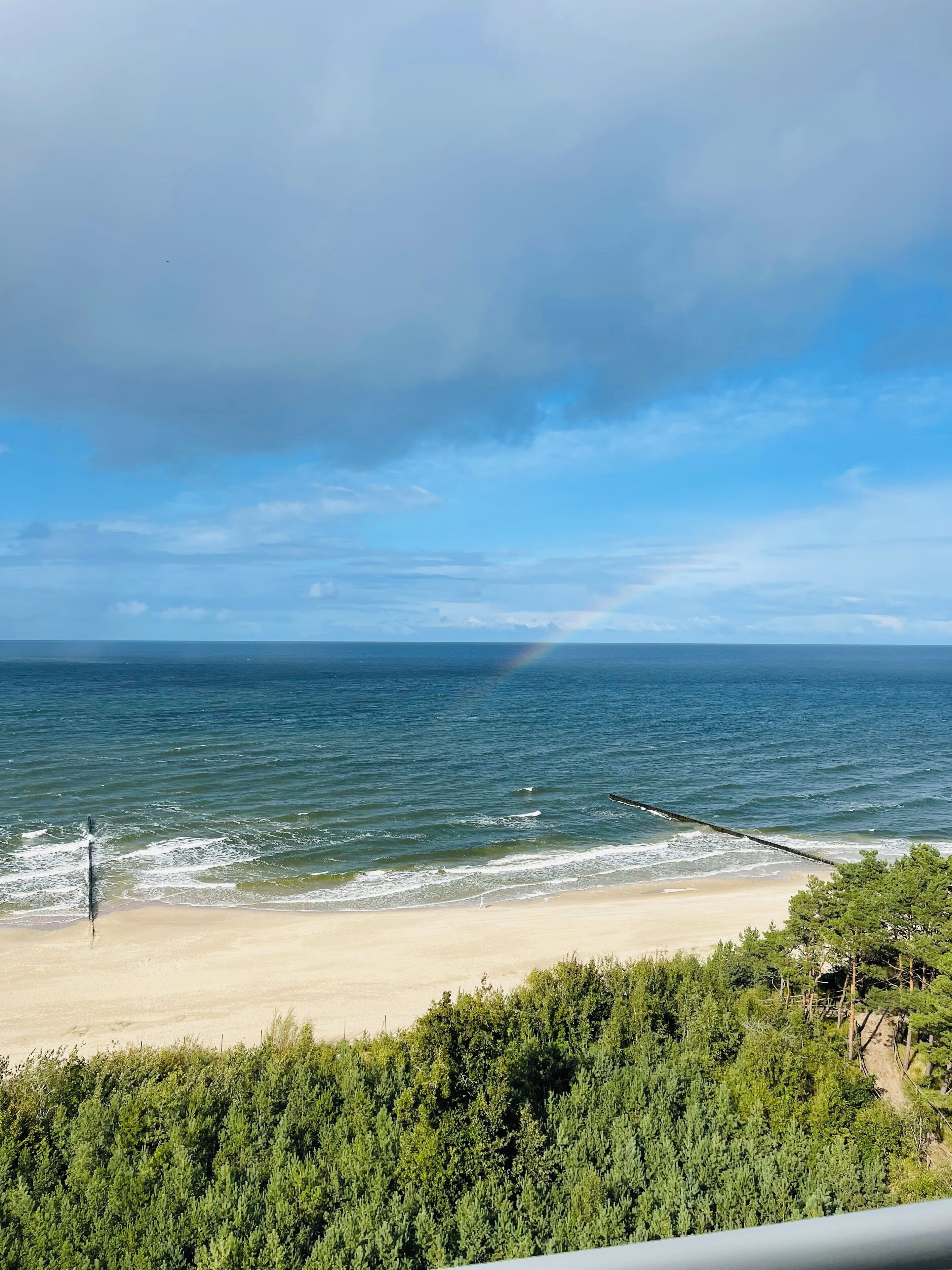 Ein Strand mit einer hölzernen Steg, der ins Meer führt, umgeben von dichter Vegetation.