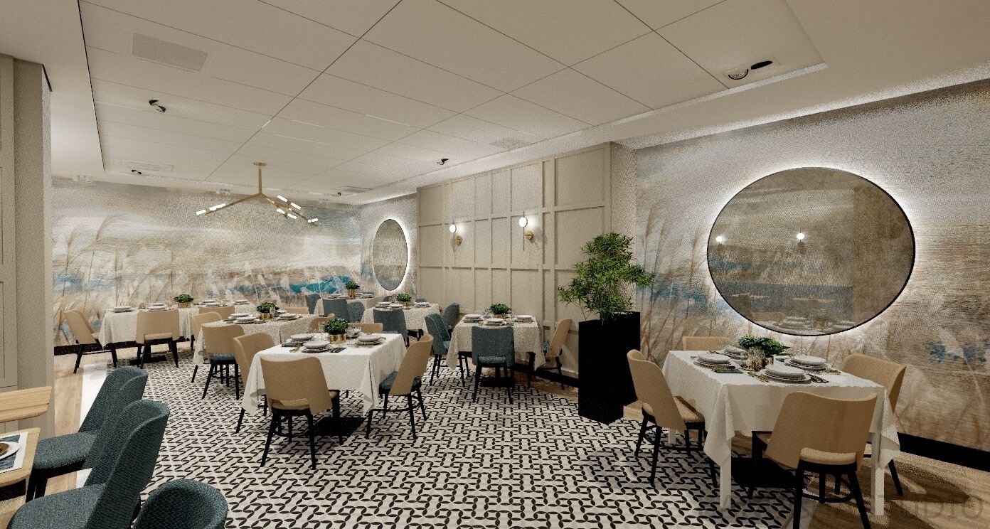 A dining area with round tables, chairs, and a patterned floor.