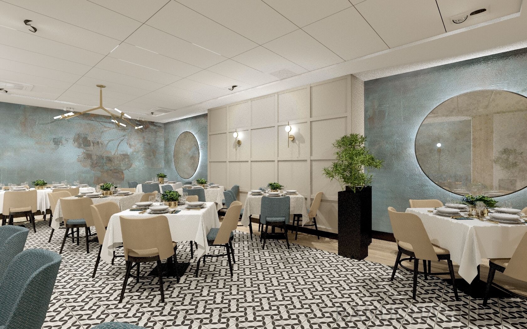 A dining area with round tables, chairs, and potted plants.