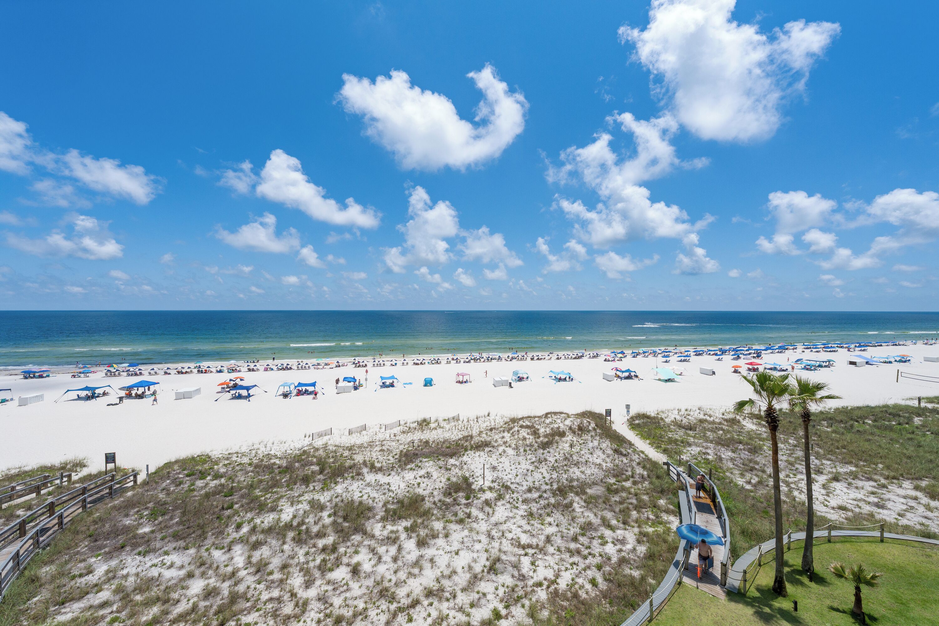 A beach with a clear sky, sandy beach, and a pathway leading to the beach.