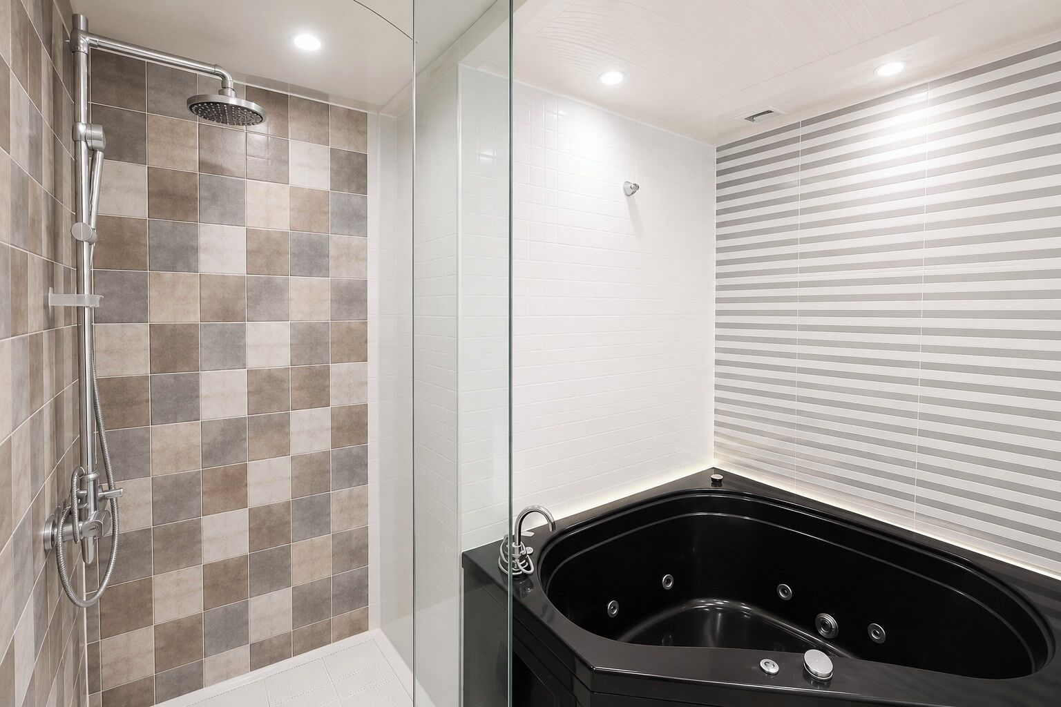 A modern bathroom with a glass-enclosed shower, a black bathtub, and a tiled wall with a checkered pattern.