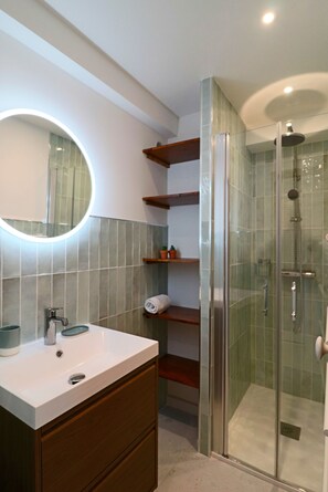 Ducha, secador de pelo, toallas, shampoo