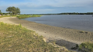 Vista a la orilla del río con una playa de arena, zonas verdes y árboles.