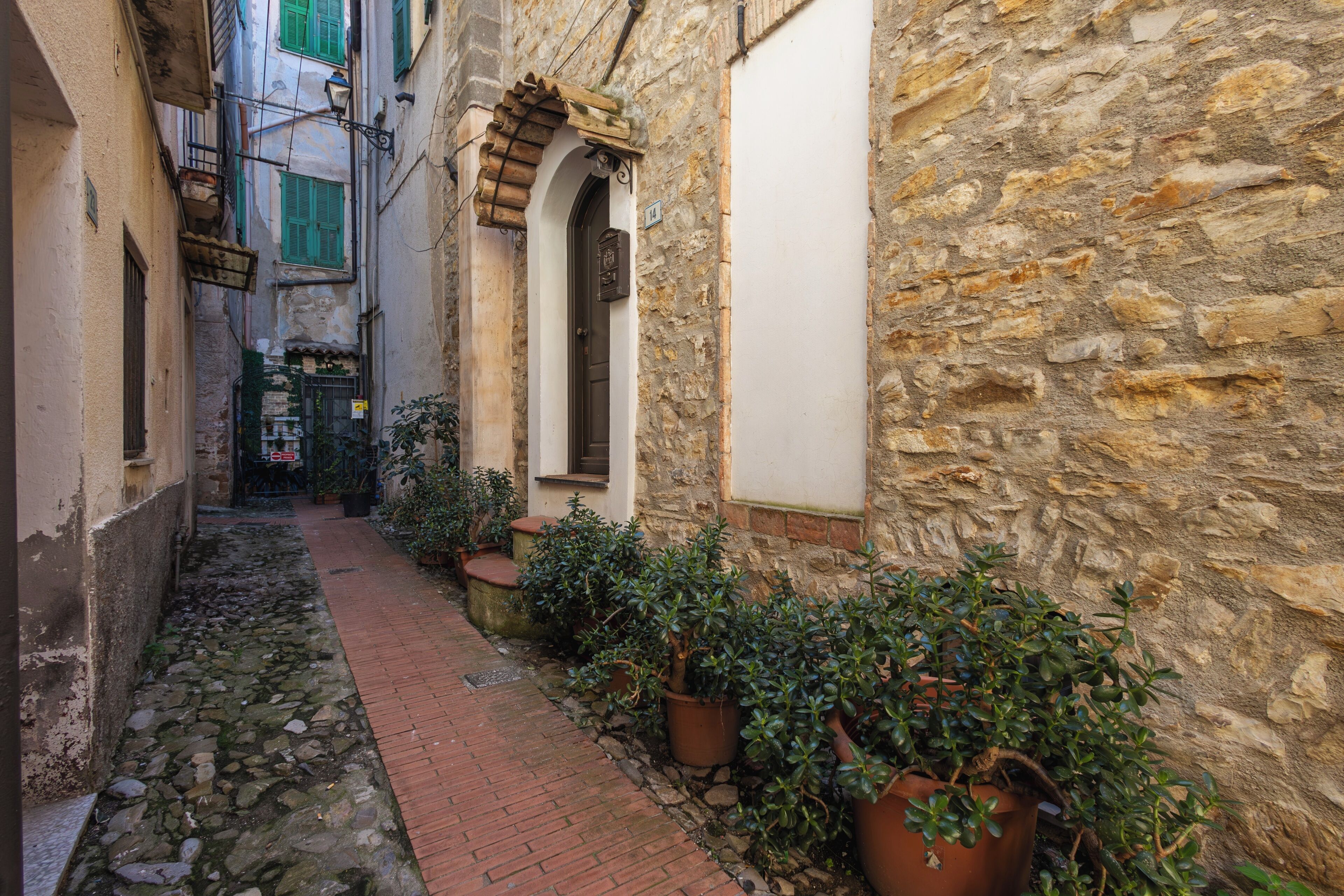 A narrow stone pathway flanked by potted plants and buildings with arched doorways.