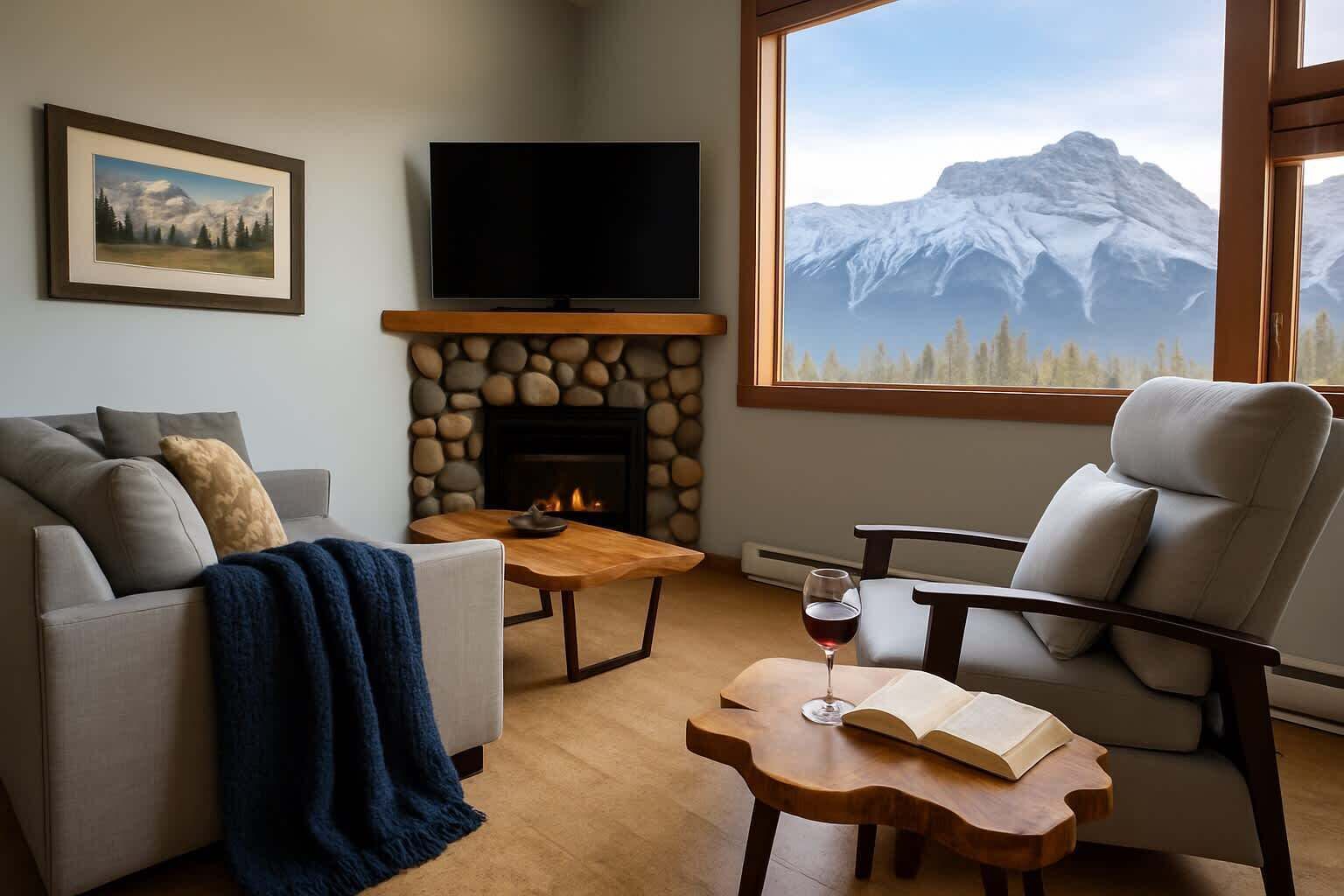 Televisie, een open haard en een kantoor