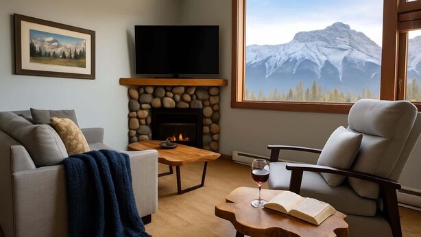 A cozy living room with a fireplace, a television, and a view of mountains. - Ha Ling Haven - Penthouse with Shared Rooftop Hot Tub (Canmore)