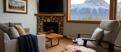 Televisie, een open haard en een kantoor