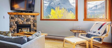 Televisión, chimenea y oficina