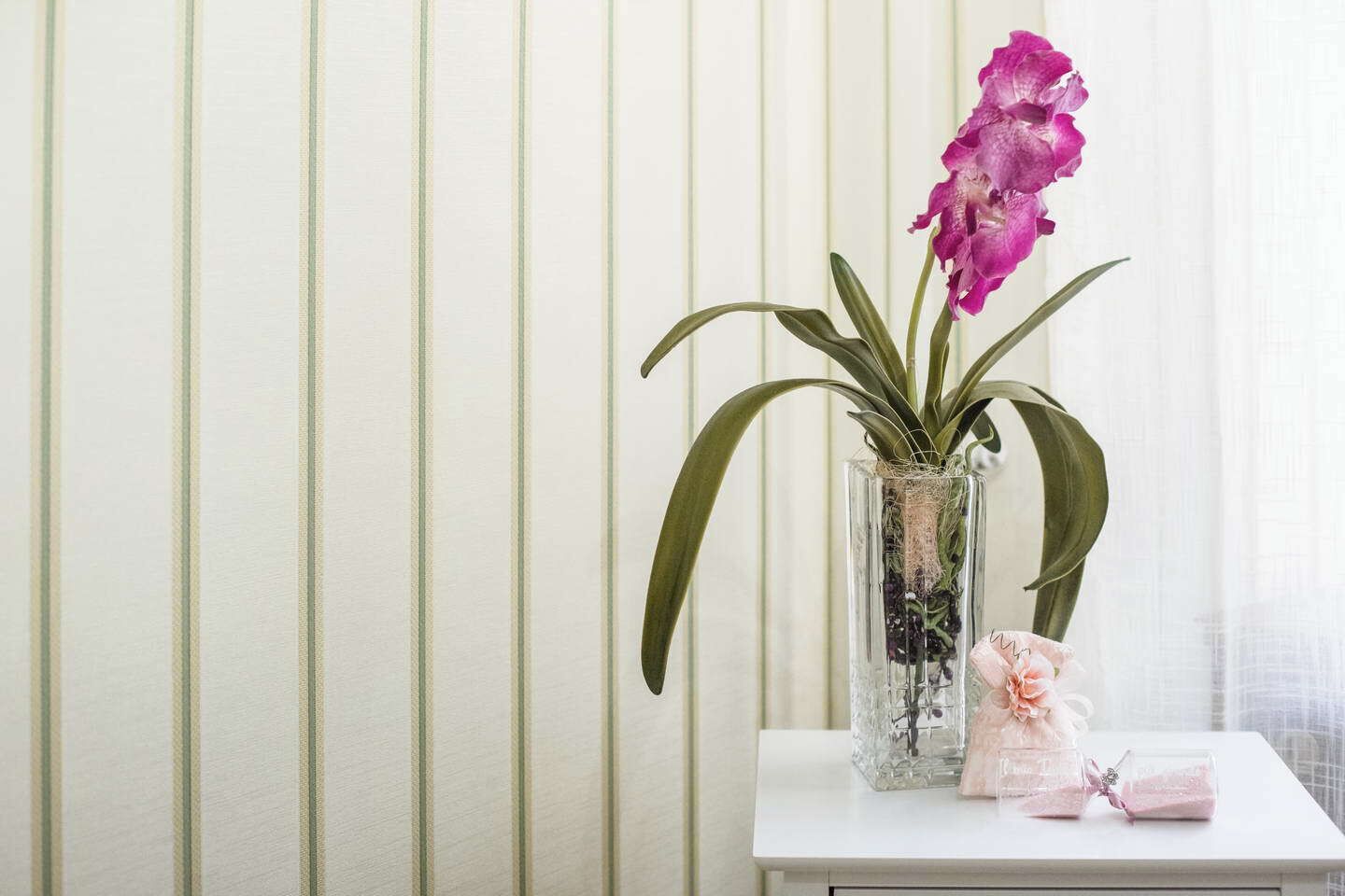A potted orchid in a clear vase on a white table against a striped wall.
