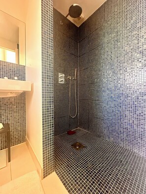 Shower, jetted bath, hair dryer, towels