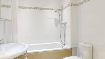 Hair dryer, towels, soap, shampoo