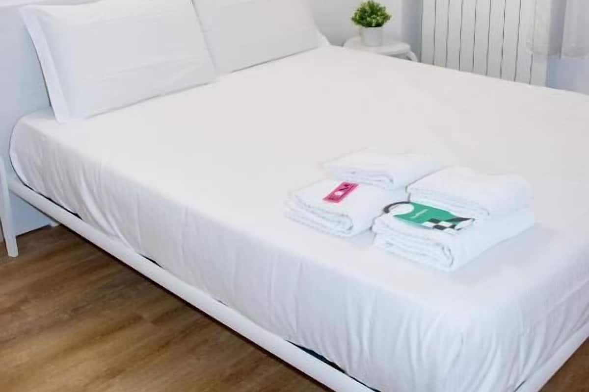 A white bed with a white mattress and pillows, a small bedside table with a plant, and a white radiator.