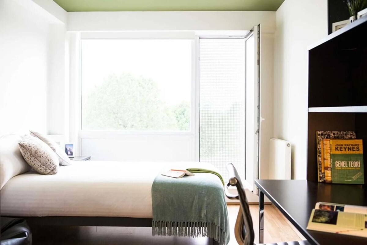 A bedroom with a bed, a desk, a chair, a bookshelf, and a window with a view of trees.