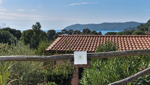 A villa with a tiled roof, surrounded by lush greenery and a view of the sea.