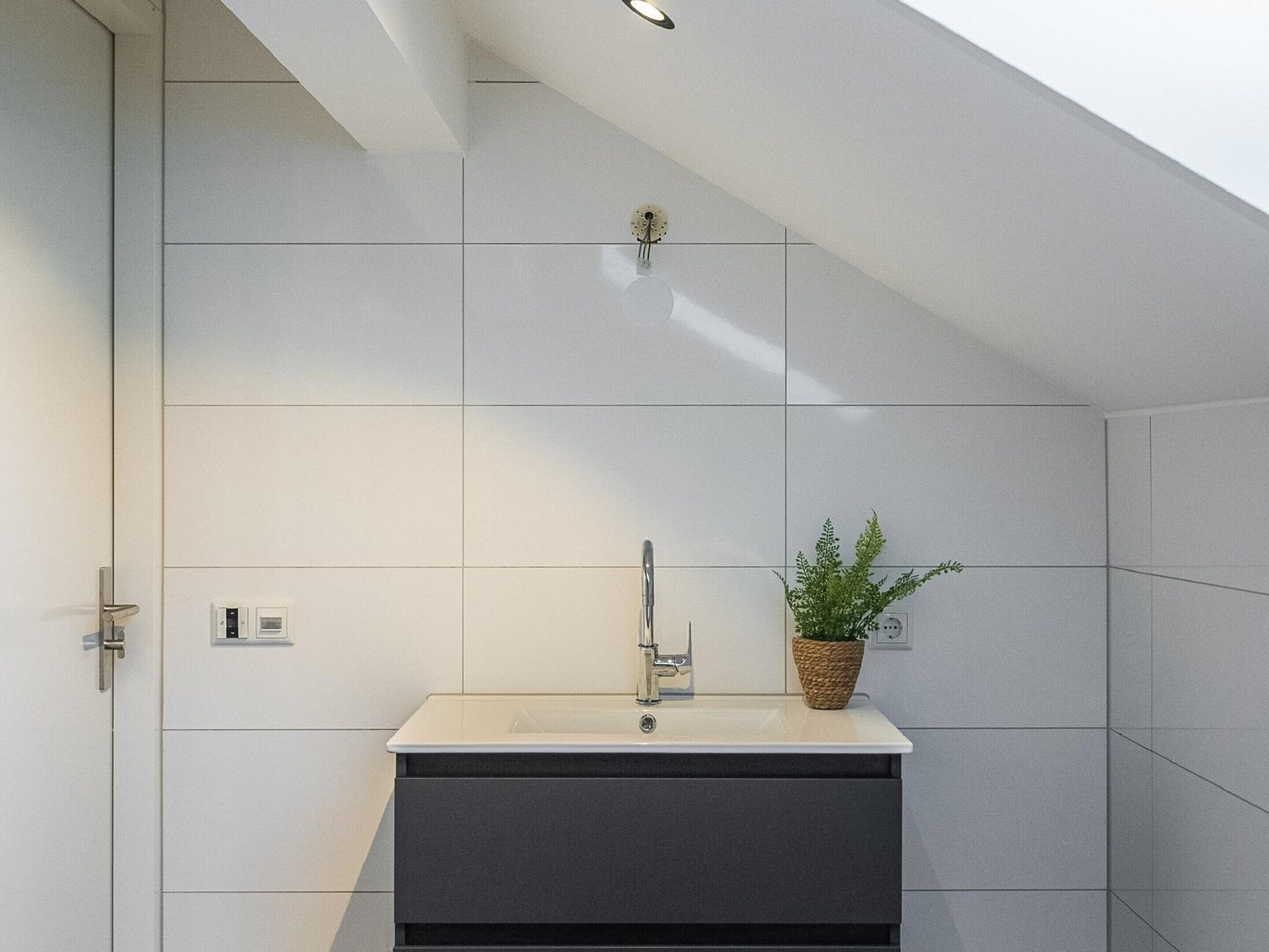 Un baño moderno con tragaluz, un lavamanos con grifo, una planta en maceta y un mueble oscuro.