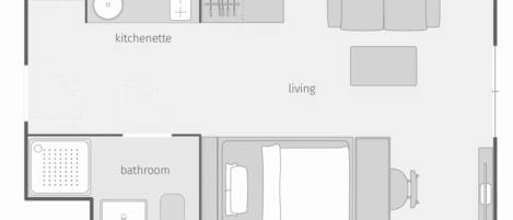 A floor plan of a hotel with a kitchenette, living area, and bathroom.