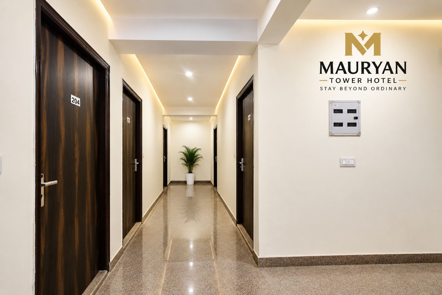 A hotel hallway with a potted plant, doors numbered 204, and a sign for the Mauryan Tower Hotel.