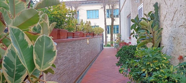 A narrow pathway flanked by potted plants and a brick wall, leading to a building with multiple windows. - Lovely House near the Beach by BelcantoVillas (Torre Del Lago Puccini)
