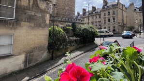 Vista de calle con un edificio de piedra, un coche aparcado y una jardinera con flores rosas.
