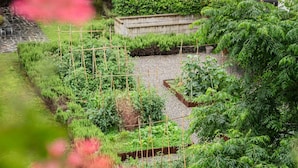 A garden with raised beds, a stone pathway, and a variety of plants. - City Oasis · Terrace and swimming pool (Milano)