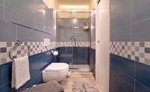 Shower, hair dryer, towels, shampoo