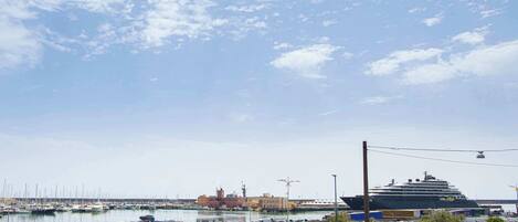 A marina with boats, a large cruise ship docked, and a building in the background.