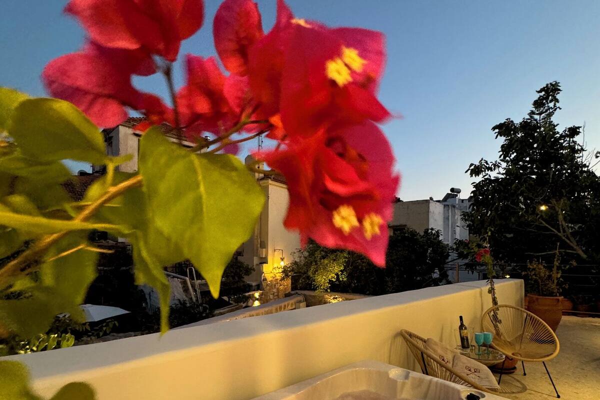 Ein Whirlpool mit rosa Wasser, umgeben von viel Grün und einem Stuhl.