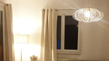 TV, fireplace, books