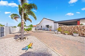 A modern house with a paved driveway, a palm tree, and a stone wall.