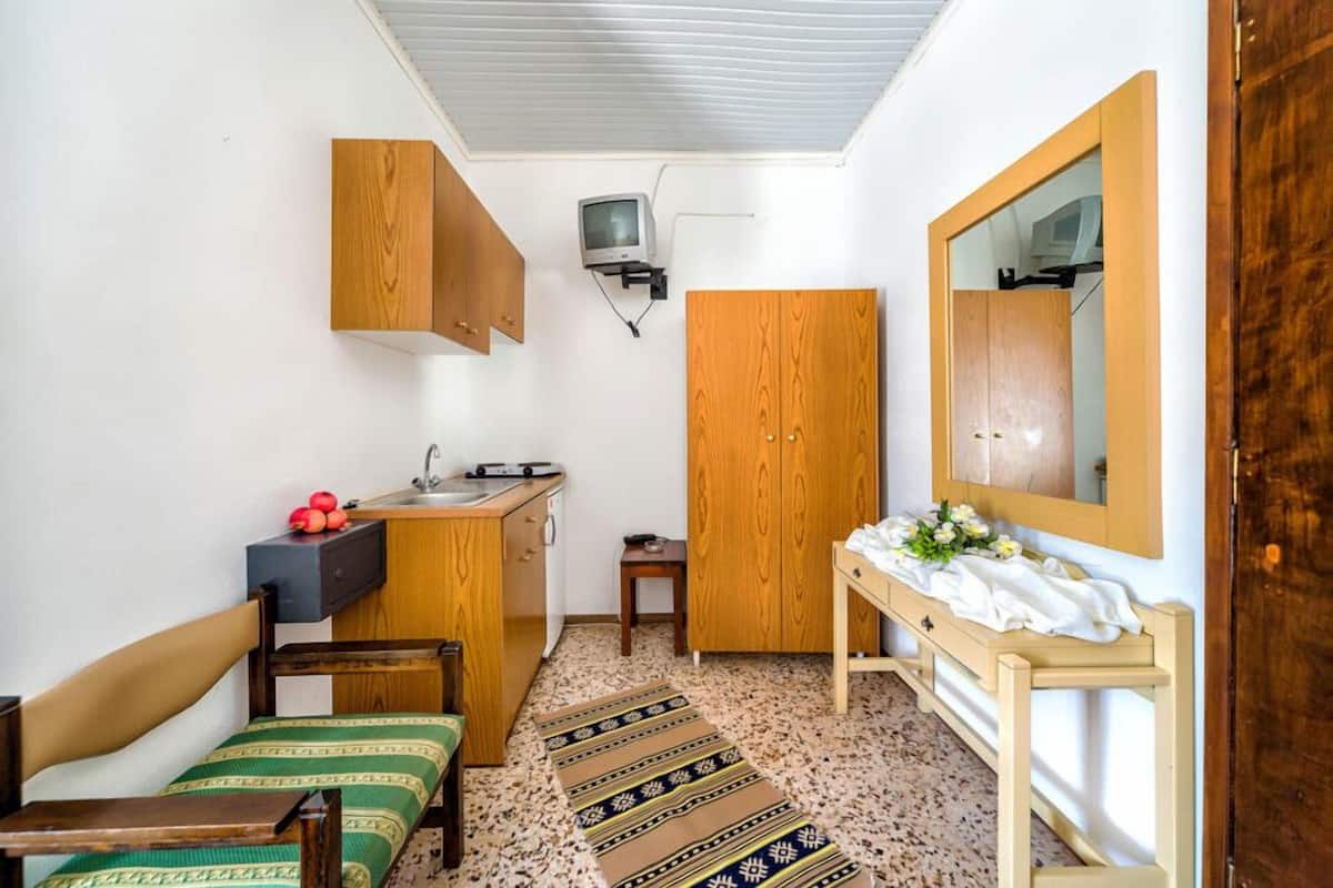 A compact room with a bed, a small desk, a mirror, a television, and a kitchenette.