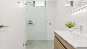 Douche, sèche-cheveux, serviettes fournies, shampoing