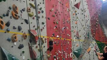A climbing gym with various bouldering walls and a padded floor.