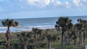 A beach with palm trees and the ocean. - Oceanfront 2br/2b, in Port Canaveral, Heated Pool & Spa, Ocean Views (Cape Canaveral)