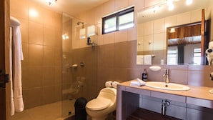 A modern bathroom with a glass-enclosed shower, a toilet, and a sink with a mirror above. - Monteverde Country Lodge (Monteverde)