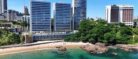 On the beach, sun loungers