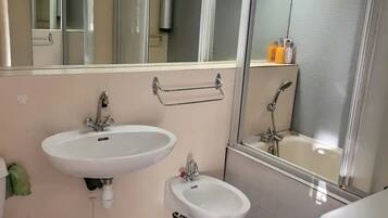 Hair dryer, towels, soap, toilet paper