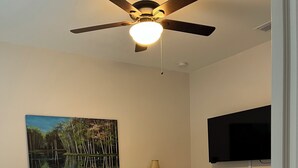 Une chambre à coucher avec un lit, un ventilateur de plafond, un tableau, une télévision et une lampe de chevet.