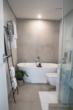 Shower, hair dryer, towels, soap