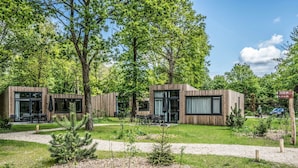 A modern wooden cabin with large windows, outdoor seating, and a well-maintained garden. - Lodge in Schaijk Near Green Forests (Schaijk)