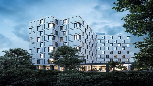 A modern multi-story building with a geometric facade, large windows, and a landscaped surrounding. - Holiday Inn Express Brussels Airport by IHG (Machelen)