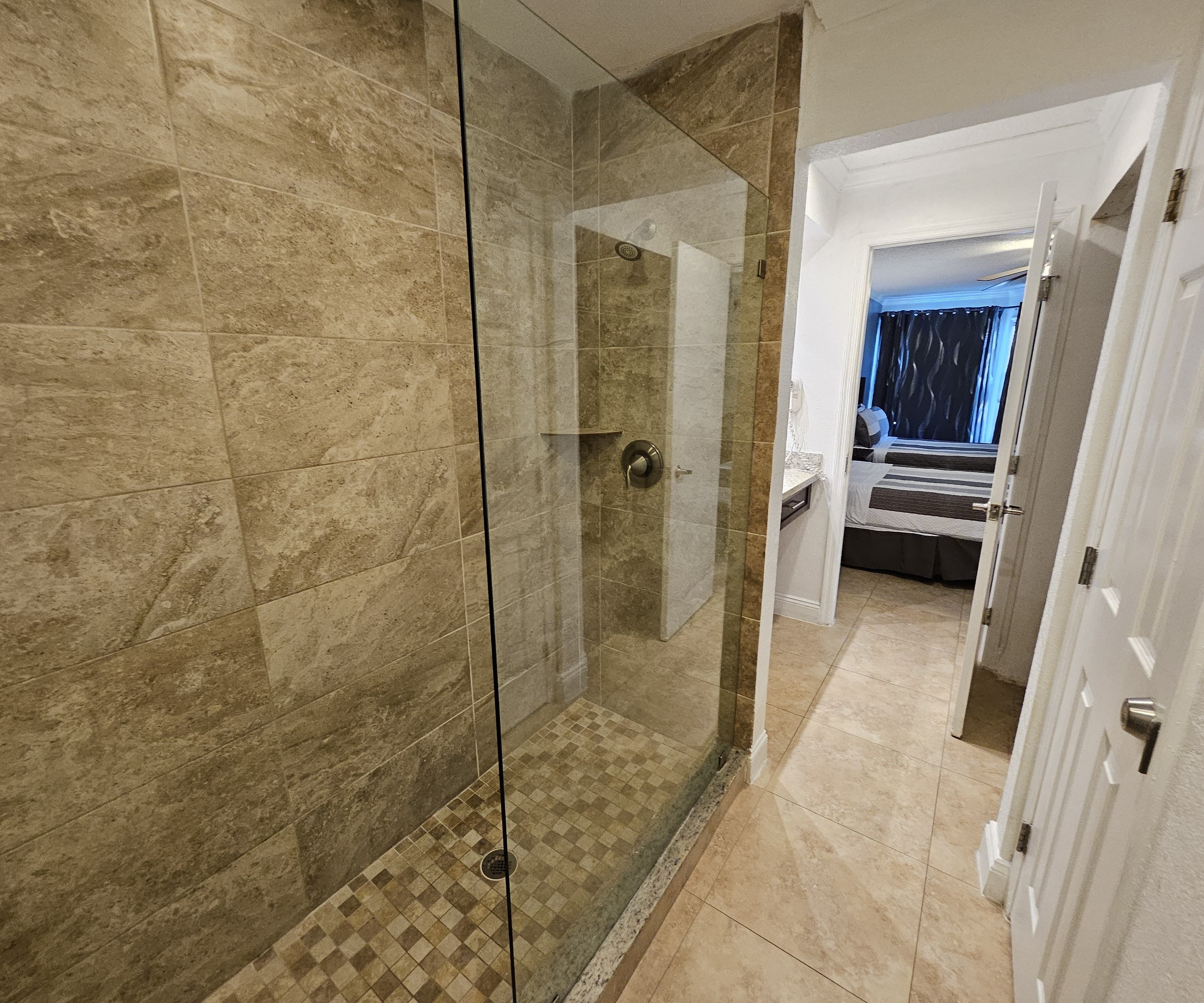 Hair dryer, towels, soap, shampoo