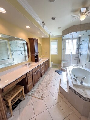 Hair dryer, towels, soap, toilet paper